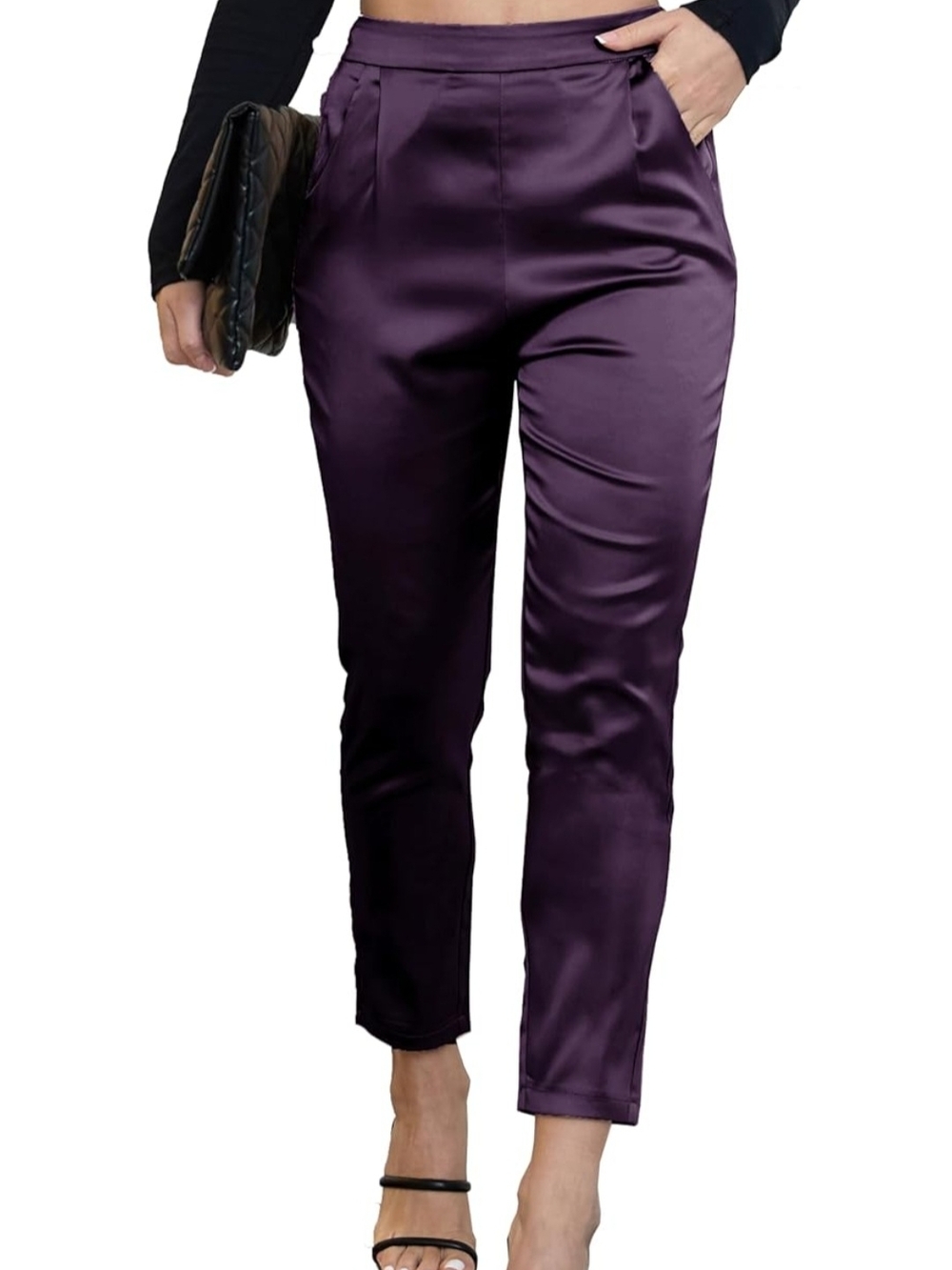 Satin High-Waist Tapered Pants in Deep Purple